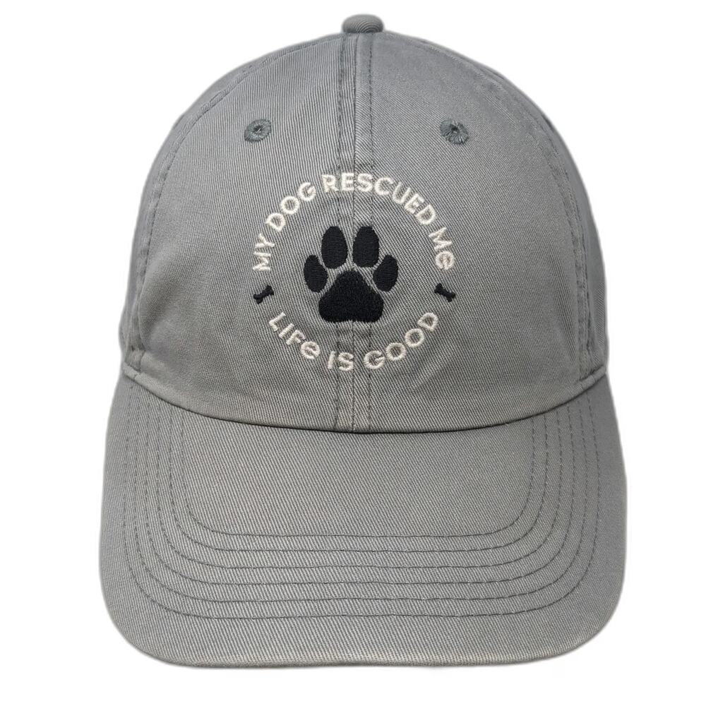 Life is Good Baseball Cap Gray OS My Dog Rescued Me Paw Print Slideback Hat
